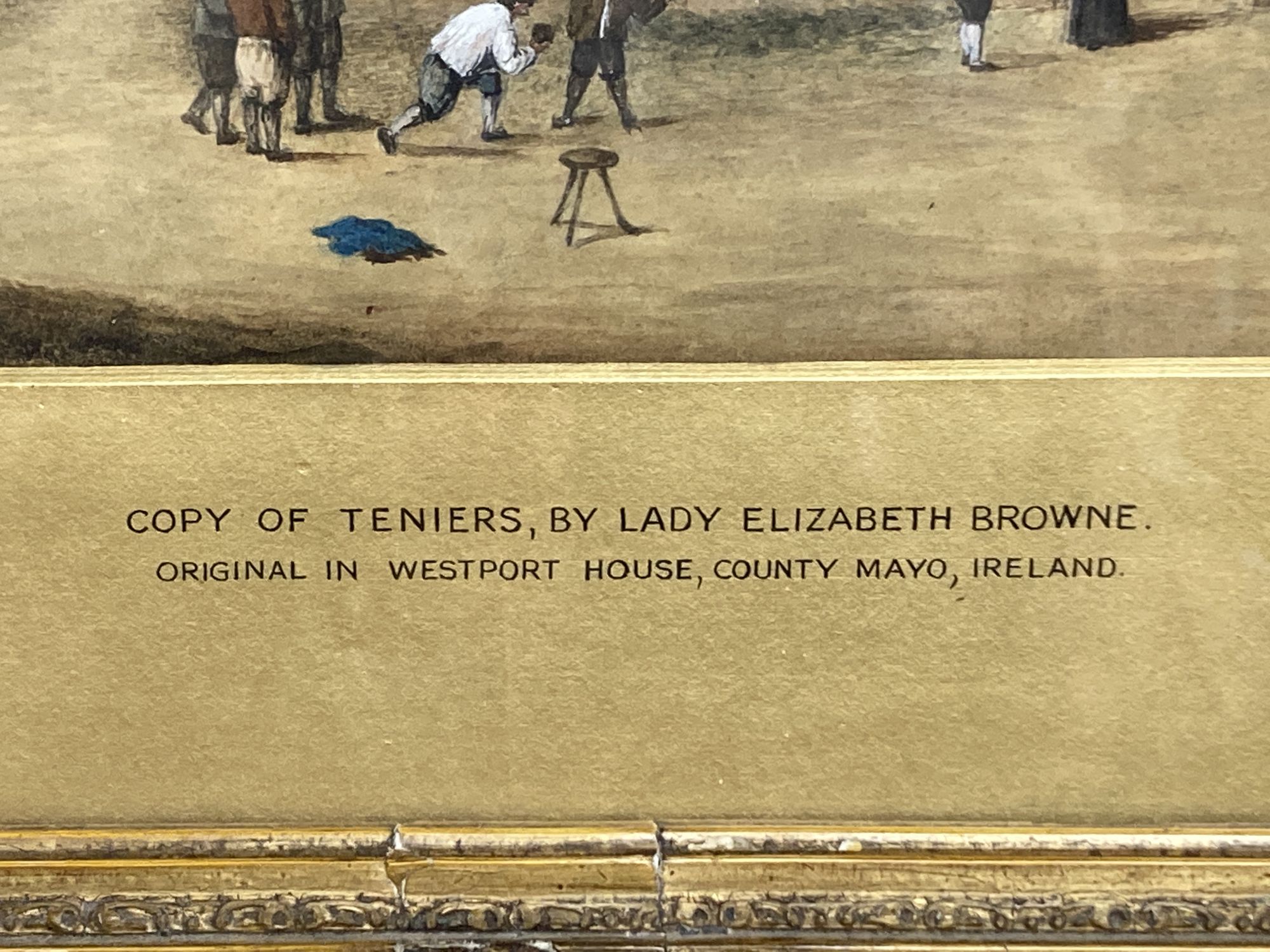 Lady Elizabeth Browne Cody, after Teniers, watercolour, Figures playing bowles before a church, titled on a mount, 30 x 39cm